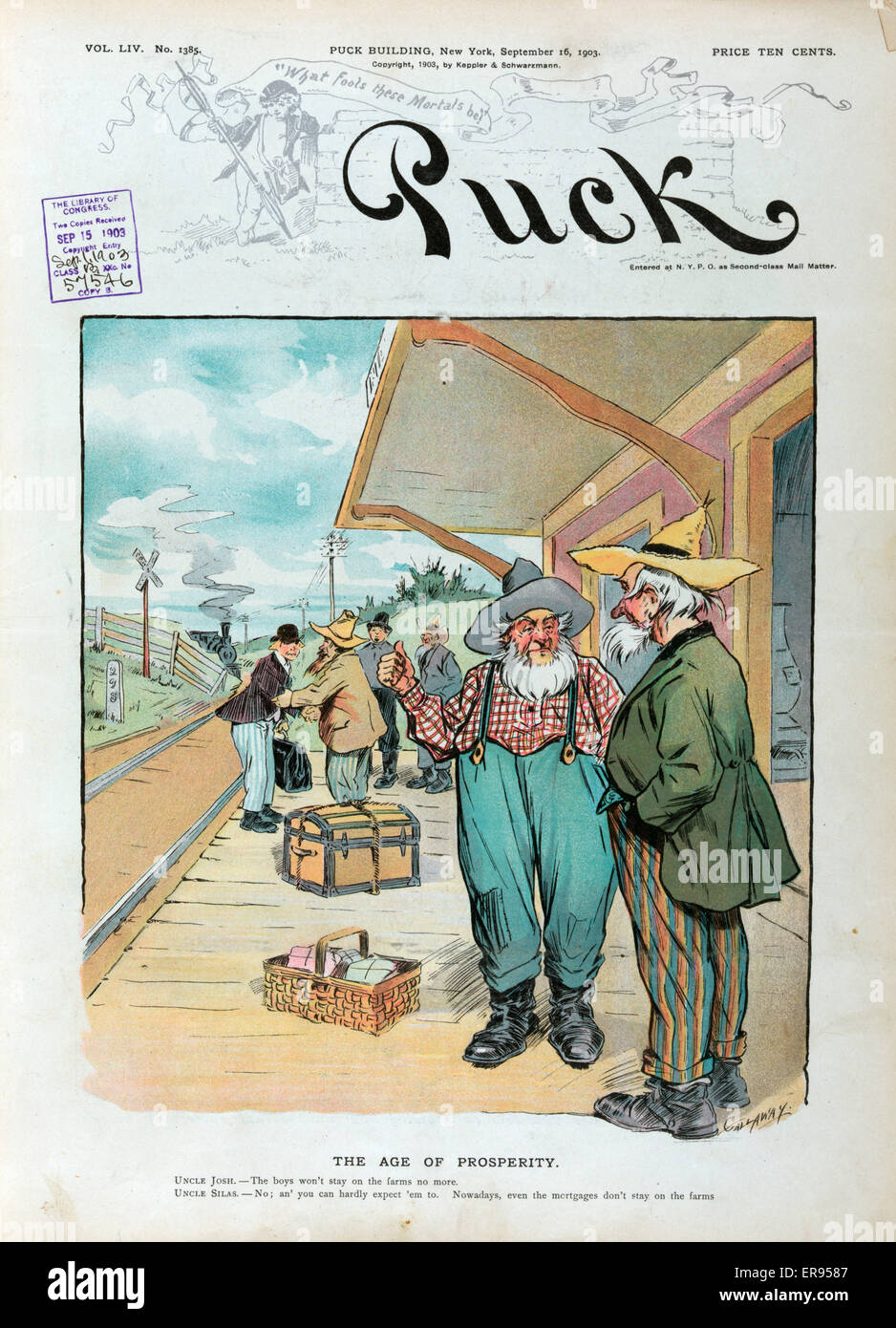 The age of prosperity. Illustration shows two old farmers talking on the platform at a train station; they are concerned about farm boys leaving the farms for the city, as well as mortgages being held by banks outside the local community. Date 1903 Septem Stock Photo