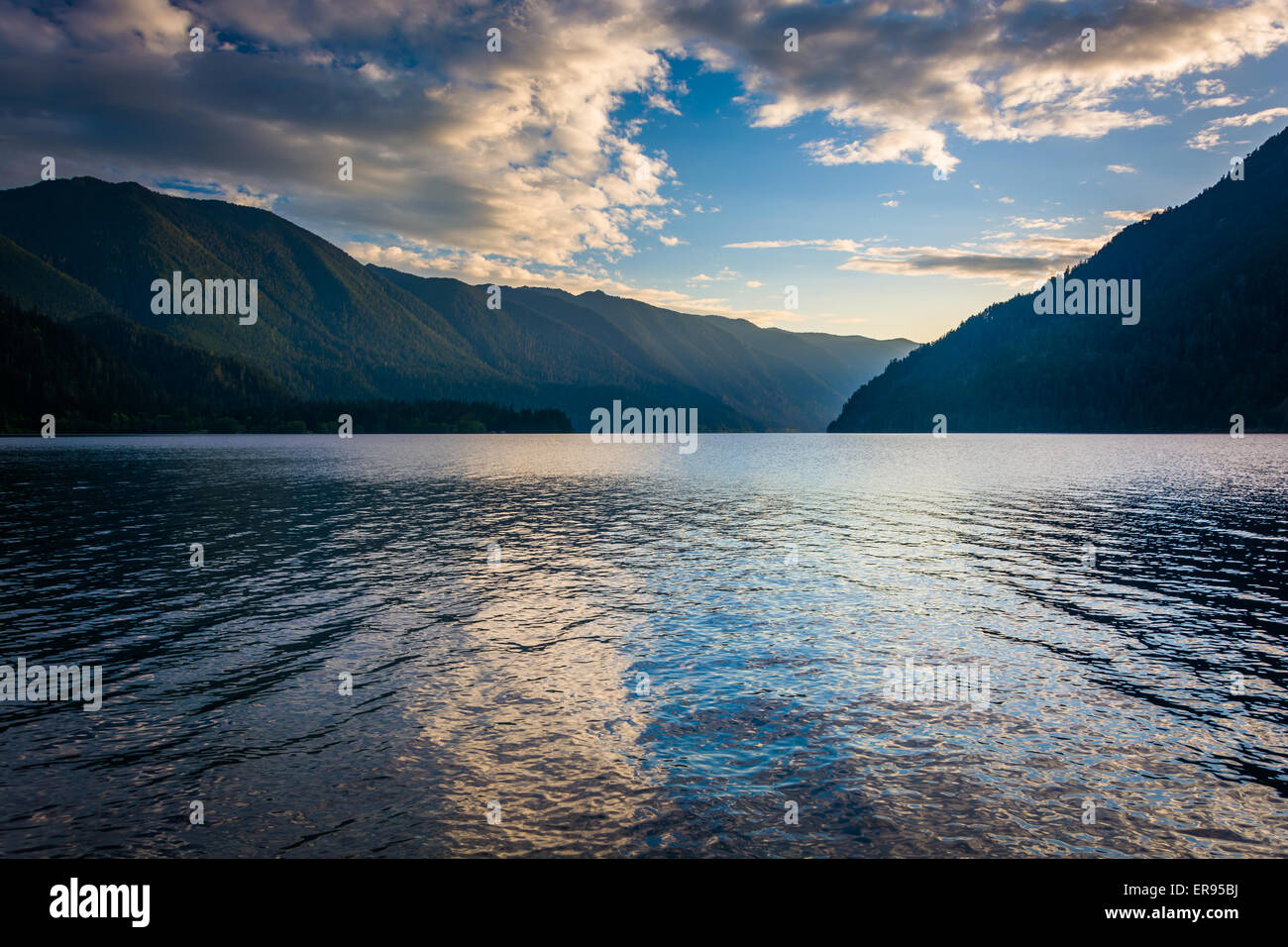 Evening light on Lake Crescent and mountains in Olympic National Park, Washington. Stock Photo