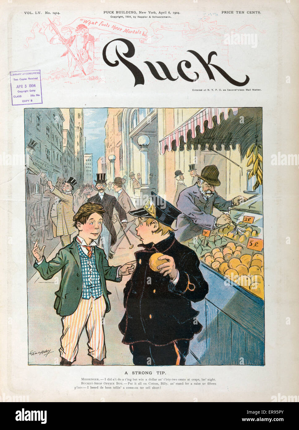 A strong tip. Illustration shows two boys talking on a busy city sidewalk next to a produce stand. Date 1904 April 6. Stock Photo