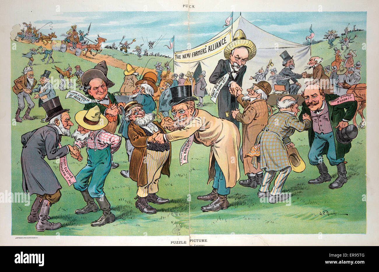 Puzzle picture. Illustration shows politicians Henry Gassaway Davis, William Jennings Bryan, Theodore Roosevelt, Charles W. Fairbanks, Thomas C. Platt, and Alton B. Parker shaking hands with farmers outside a tent labeled The New Farmers' Alliance. Date 1 Stock Photo