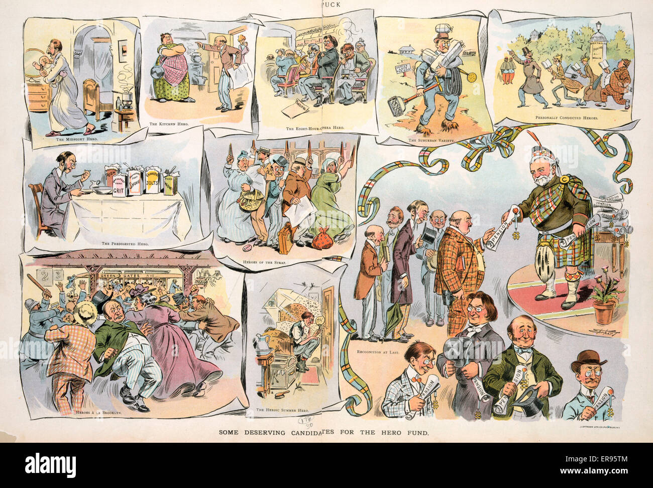 Some deserving candidates for the hero fund. Illustration shows a series of nine vignettes to the left and across the top of a main illustration. In each vignette a man puts himself at risk in one way or another; one man gets up in the middle of the night Stock Photo