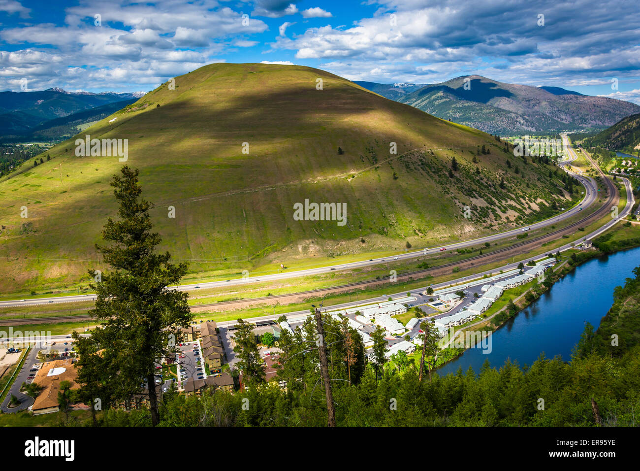 View of a large hill and the Clark Fork River, in Missoula, Montana