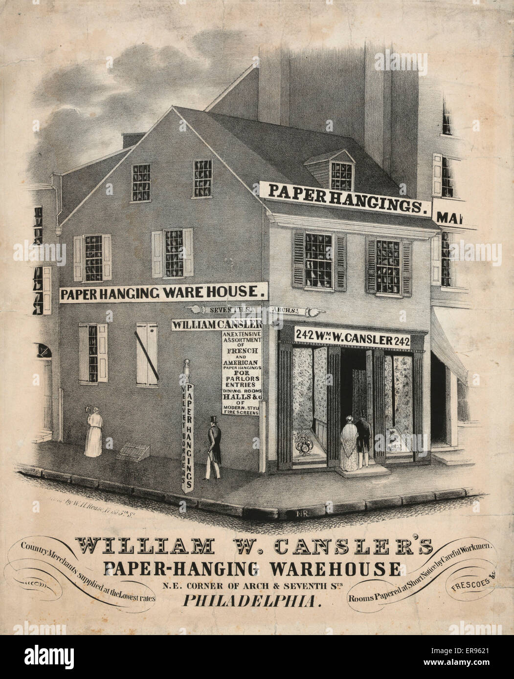 William W. Cansler's paper-hanging warehouse NE corner of Ar Stock Photo