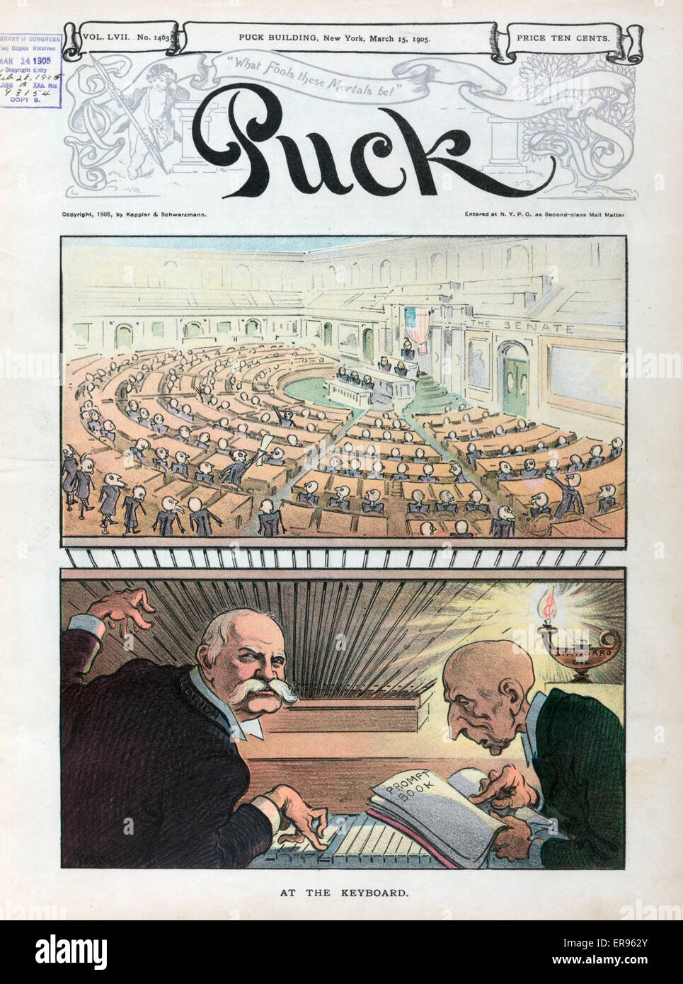 At the keyboard. Illustration shows Nelson Aldrich and JD Rockefeller sitting at a keyboard overlooking Congress in session at the US Capitol; Rockefeller is holding a Prompt Book as Aldrich plays the instrument; they are illuminated by the flame of an oi Stock Photo