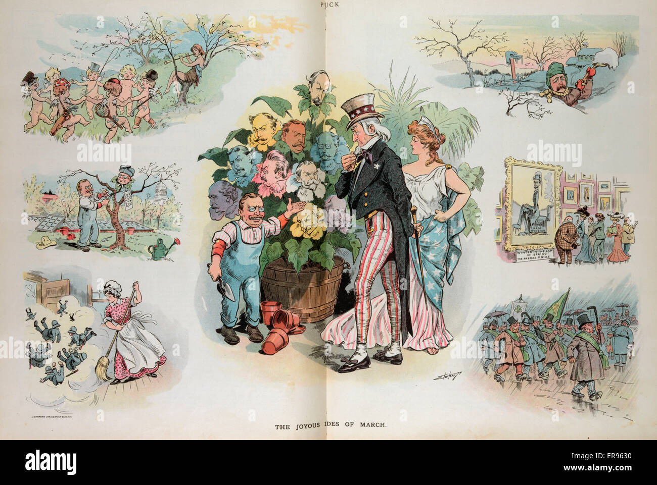 The joyous ides of March. Illustration shows at center, President Theodore Roosevelt showing Uncle Sam and Columbia a large plant with flowers showing the members of his cabinet. The surrounding vignettes show a springtime dance of putti, Alton B. Parker Stock Photo