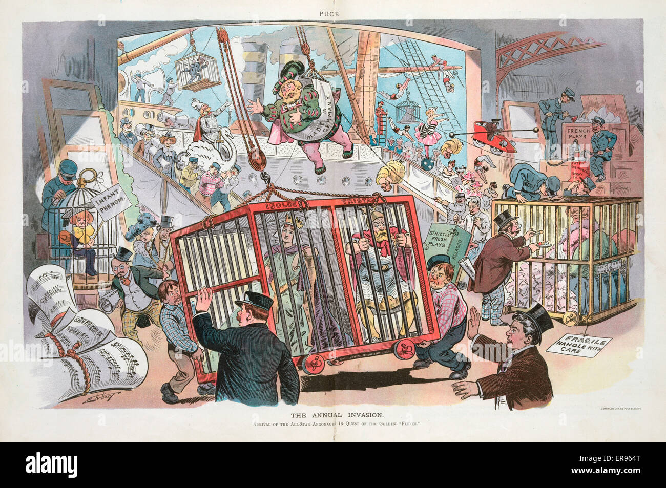 The annual invasion. Illustration shows actors and characters (some in cages), acrobats, and theater props being unloaded from a ship into a dock-side warehouse. Date 1905 August 30. Stock Photo