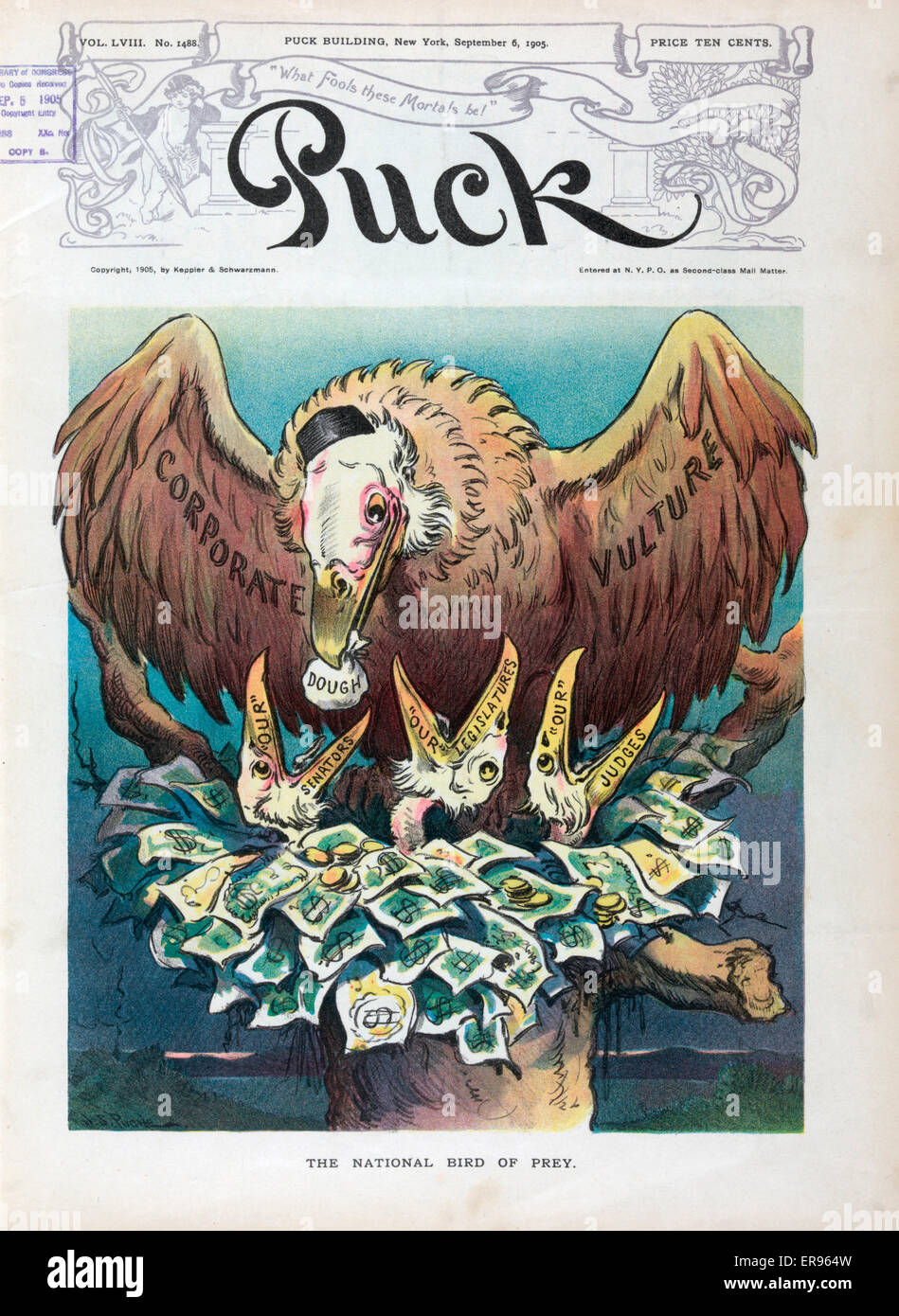 The national bird of prey. Illustration shows a large vulture labeled  Corporate Vulture, wearing a cap usually associated with John D.  Rockefeller, feeding a bag of Dough to a chick labeled &#39;Our&#39;