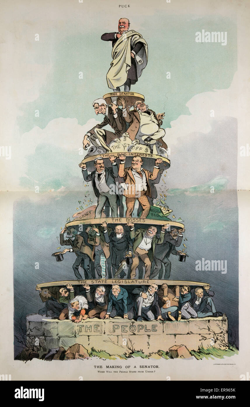The making of a senator. Illustration shows Nelson W. Aldrich standing at the top of a human pyramid on a platform labeled The Senator, on the next level down John D. Rockefeller and a bloated man, typically identified with trusts, are sitting on bags of Stock Photo