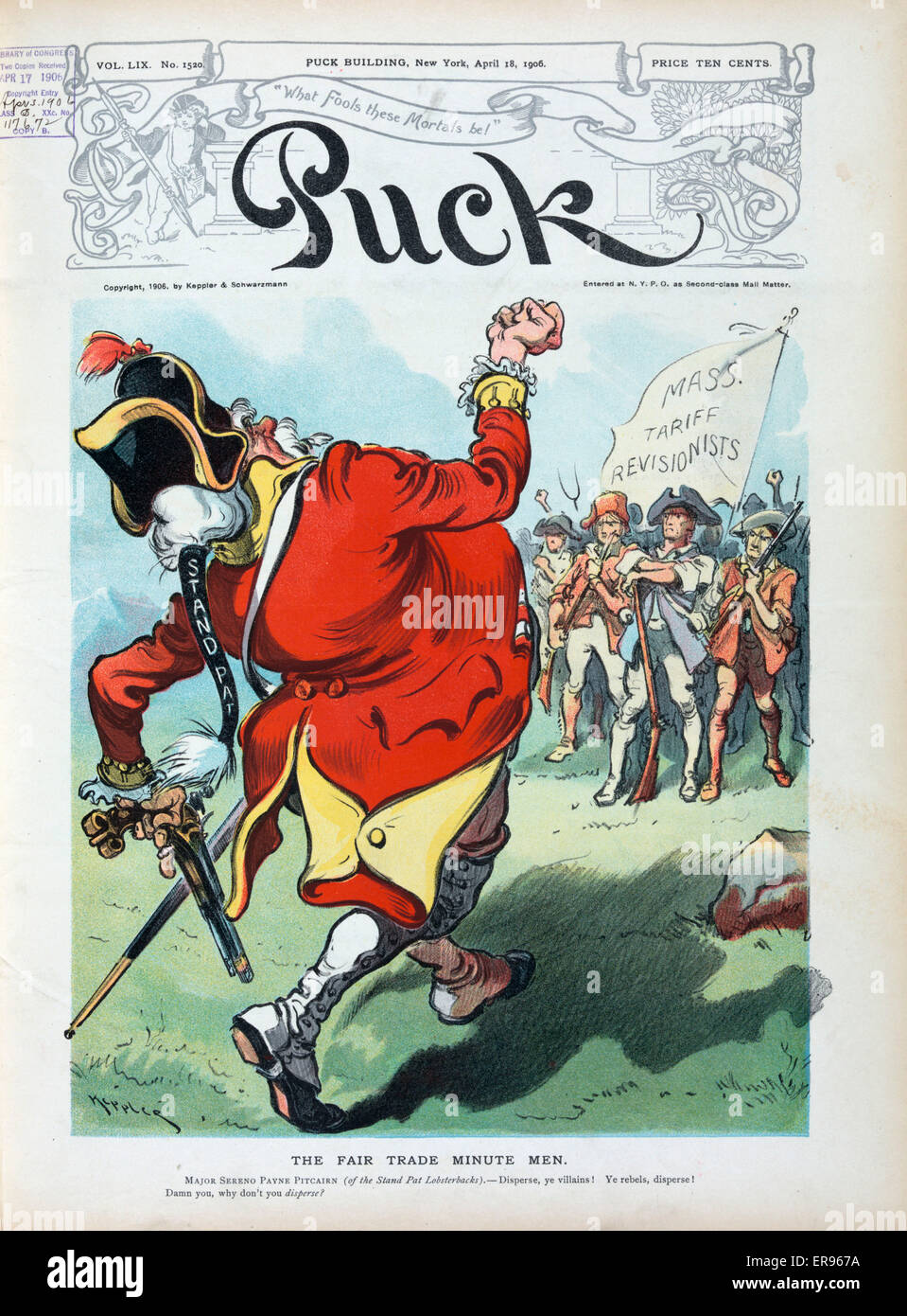 The fair trade minute men. Illustration shows Sereno E. Payne in the