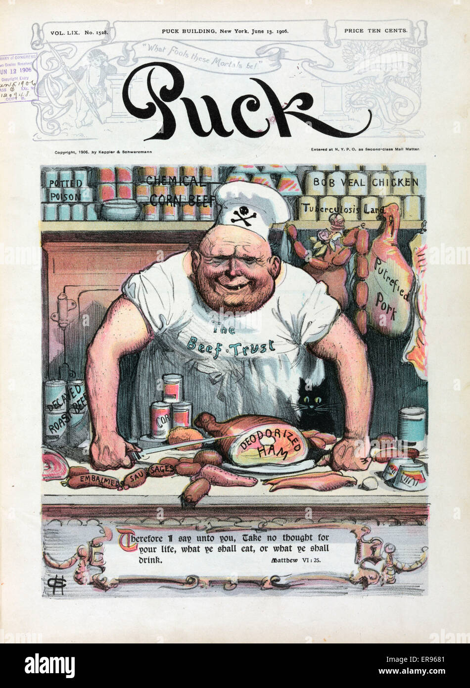 The meat market. Illustration shows a butcher labeled The Beef Trust