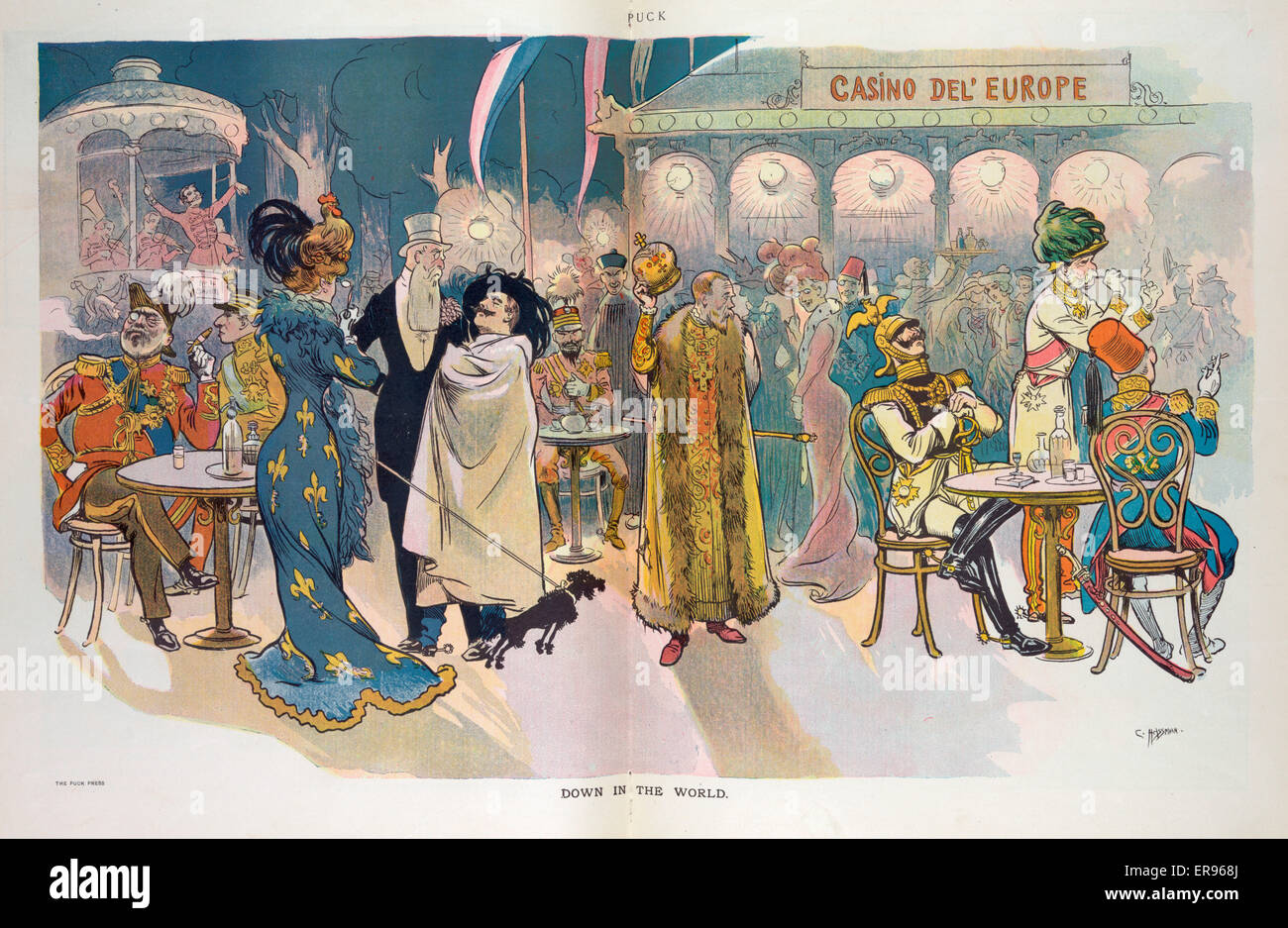Down in the world. Illustration shows European leaders from England, France, Italy, Japan, Russia, Germany, Austria, and Turkey, among the crowd enjoying the entertainments at the Casino Del' Europe. Date 1906 November 28. Down in the world. Illustration Stock Photo