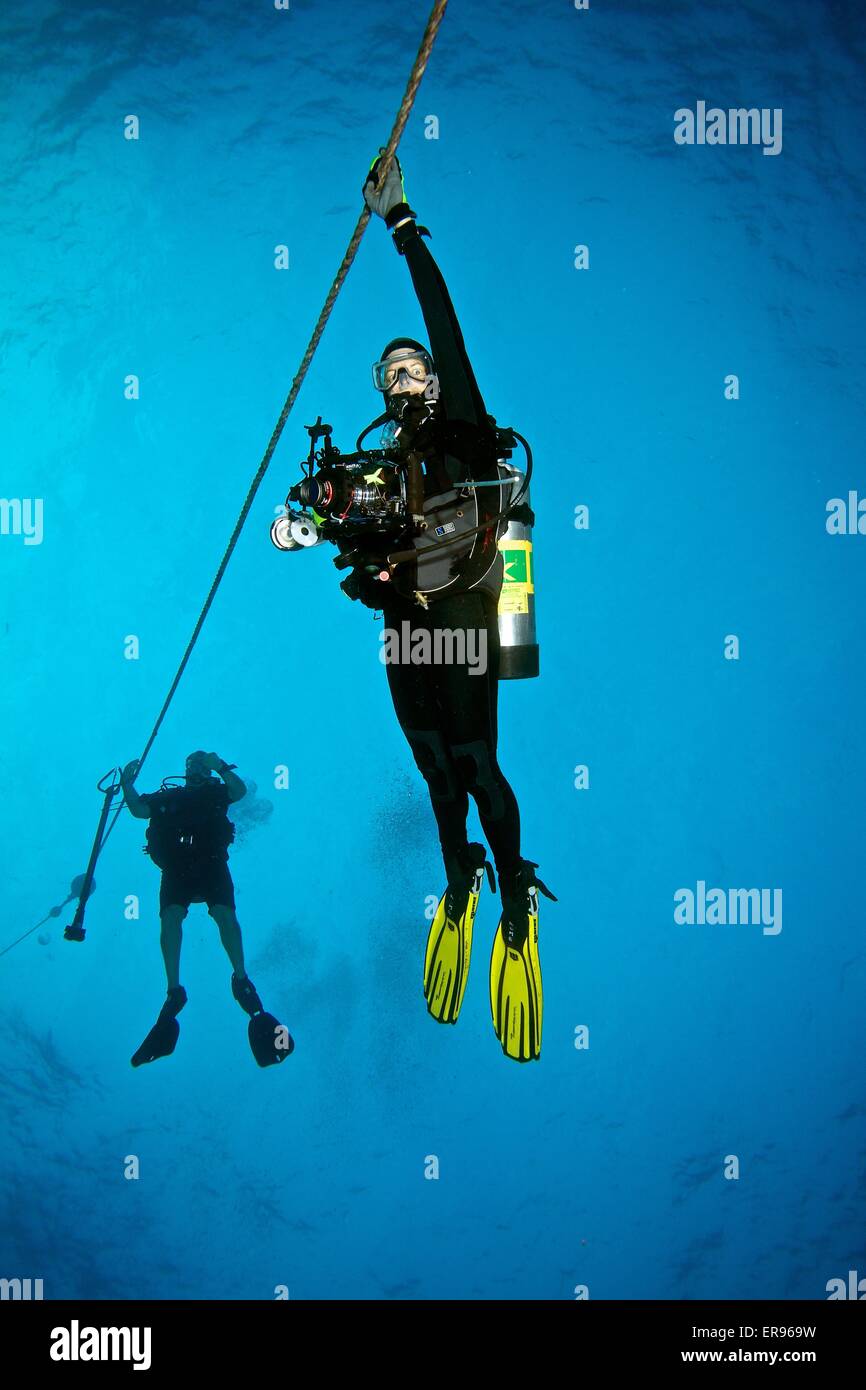 SCUBA divers hang on the down line doing their safety stop after a deep