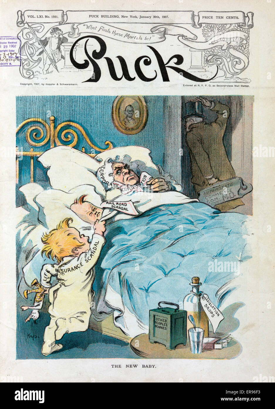 The new baby. Illustration shows a man labeled Corporate Corruption and a young boy labeled Rail Road Scandal lying in bed, and another young child labeled Life Insurance Scandal trying to climb into the bed; a man departing the room carries a doctor's ba Stock Photo