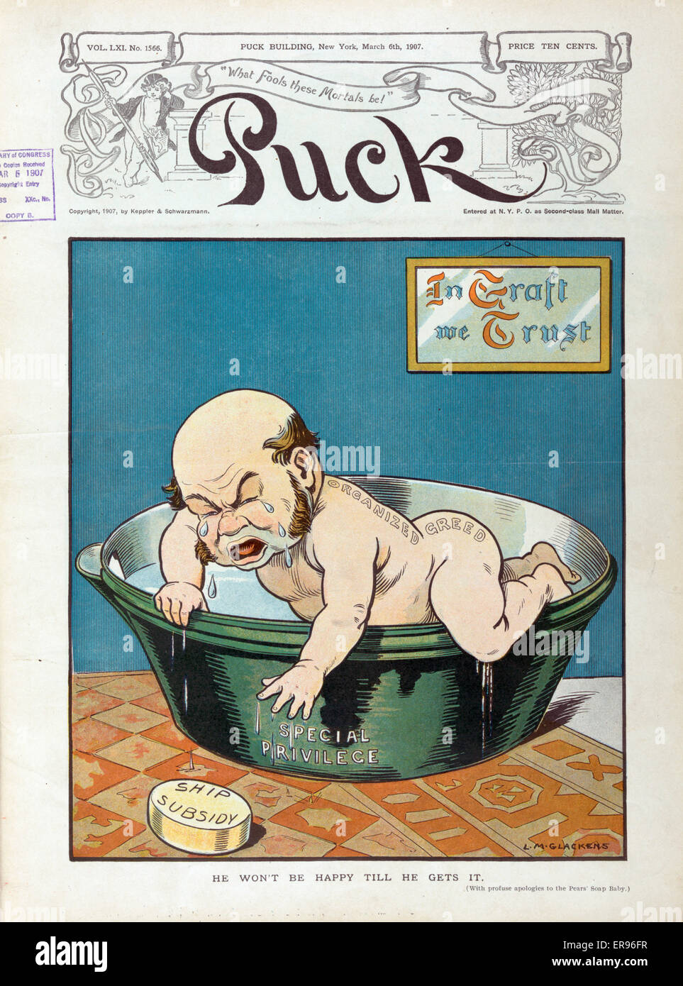He won't be happy till he gets it (with profuse apologies to the Pears' Soap Baby). Illustration shows a man labeled Organized Greed, possibly Chauncey M. Depew, as a baby trying to climb out of a tub of bath water labeled Special Privilege, reaching for Stock Photo