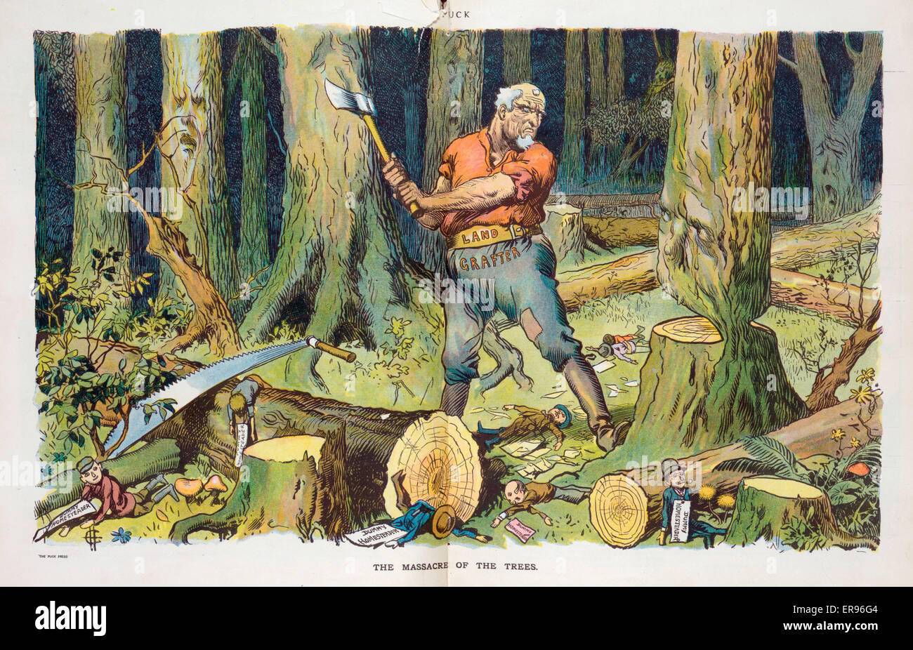 The massacre of the trees. Illustration shows a man labeled Land Grafter chopping down a tree in a forest where other trees have been cut down; scattered on the ground are doll-like figures labeled Dummy Homesteader. Date 1907 April 3. The massacre of the Stock Photo