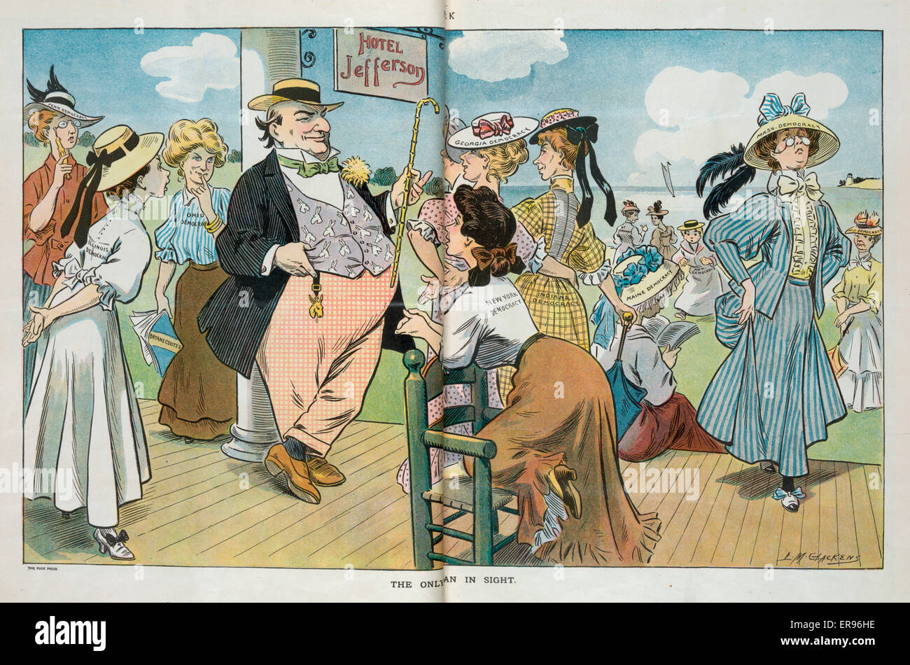 The only man in sight. Illustration shows William Jennings Bryan standing on the veranda of the Hotel Jefferson attracting the attention of several women labeled Penn Democracy, Illinois Democracy, Ohio Democrary, New York Democracy, Indiana Democrary, Ge Stock Photo