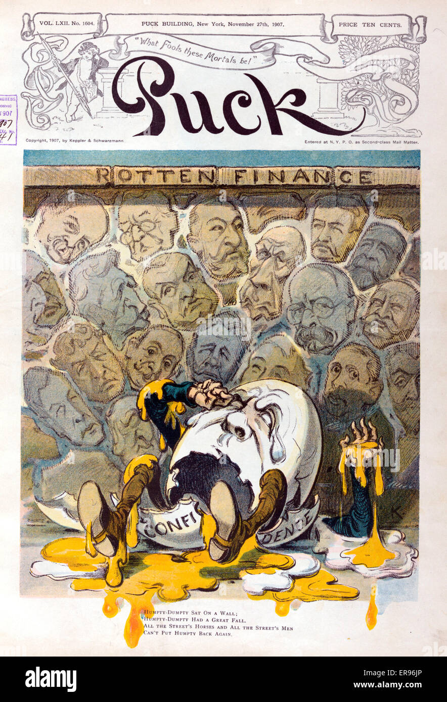 Rotten finance. Illustration shows a stonewall labeled Rotten Finance constructed with stones showing the faces of many businessmen and financiers; on the ground, in front of the wall, is a broken egg labeled Confidence. Among those pictured on the wall a Stock Photo
