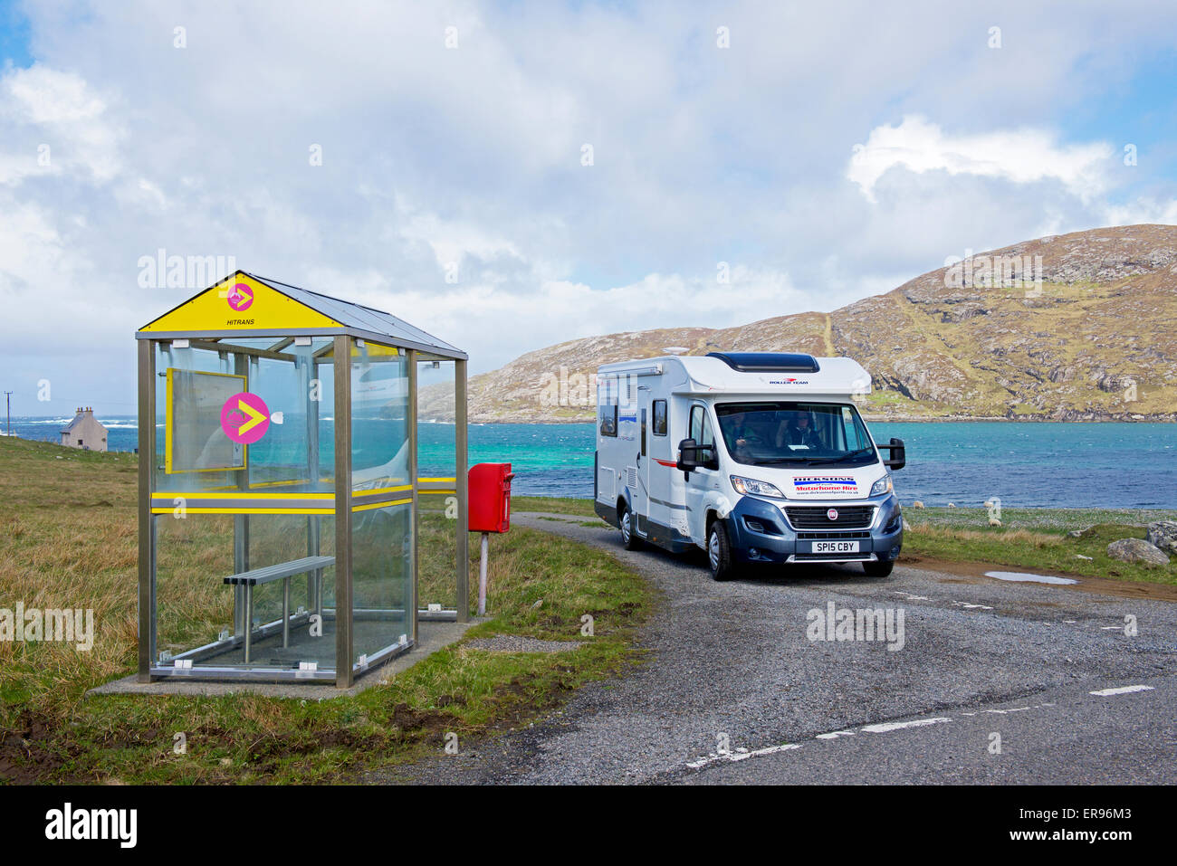 Motorhome and bus stop, Vatersay, Isle of Barra, Outer Hebrides, Scotland UK Stock Photo