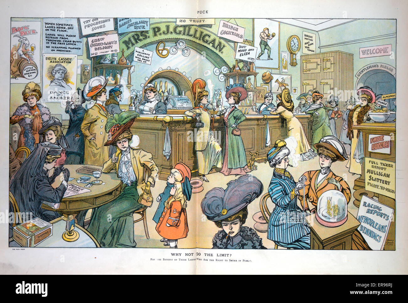 Why not go the limit?. Illustration shows many women in the Mrs. PJ Gilligan bar smoking and drinking at their leisure. Date 1908 March 18. Why not go the limit?. Illustration shows many women in the Mrs. PJ Gilligan bar smoking and drinking at their leis Stock Photo