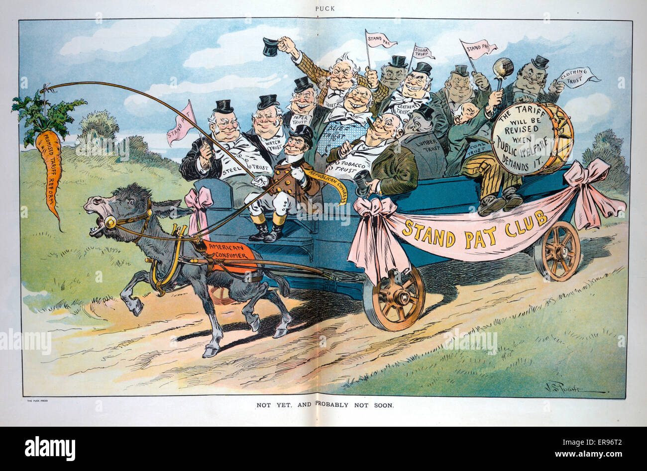 Not yet, and probably not soon. Illustration shows a wagon drawn by a single donkey labeled American Consumer chasing a carrot labeled Promised Tariff Reform dangling from a stick held by the wagon driver labeled Republican Congress. The wagon is transpor Stock Photo