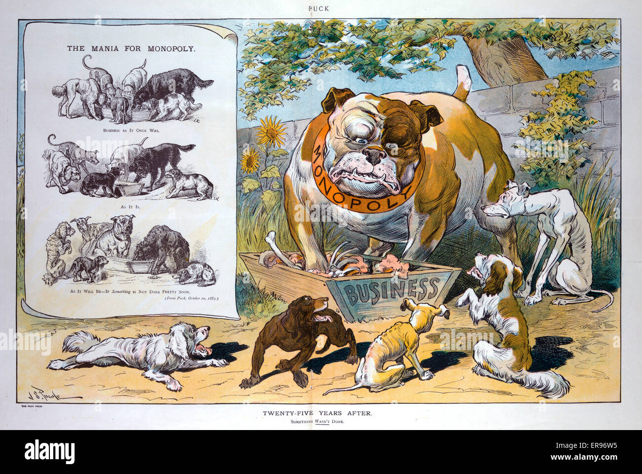 Twenty Five Years After Illustration Shows A Bloated Bull Dog Wearing A Collar Labeled Monopoly Controlling A Food Trough As Five Emaciated Dogs Wait For An Opportunity To Eat An Insert Labeled The