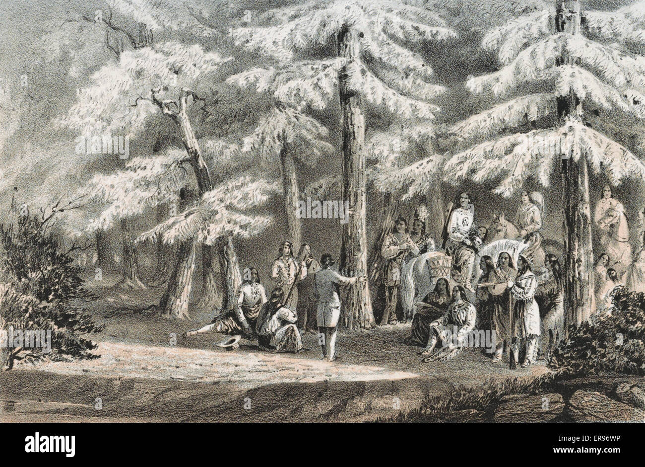 Nez Perces. Print shows a member of the survey expedition, possibly Isaac I. Stevens, meeting with a group of Nez Perce Indians in a heavily wooded area. Date 1860. Published by Major &amp; Knapp Lith. Sarony. Nez Perces. Print shows a member of the surve Stock Photo