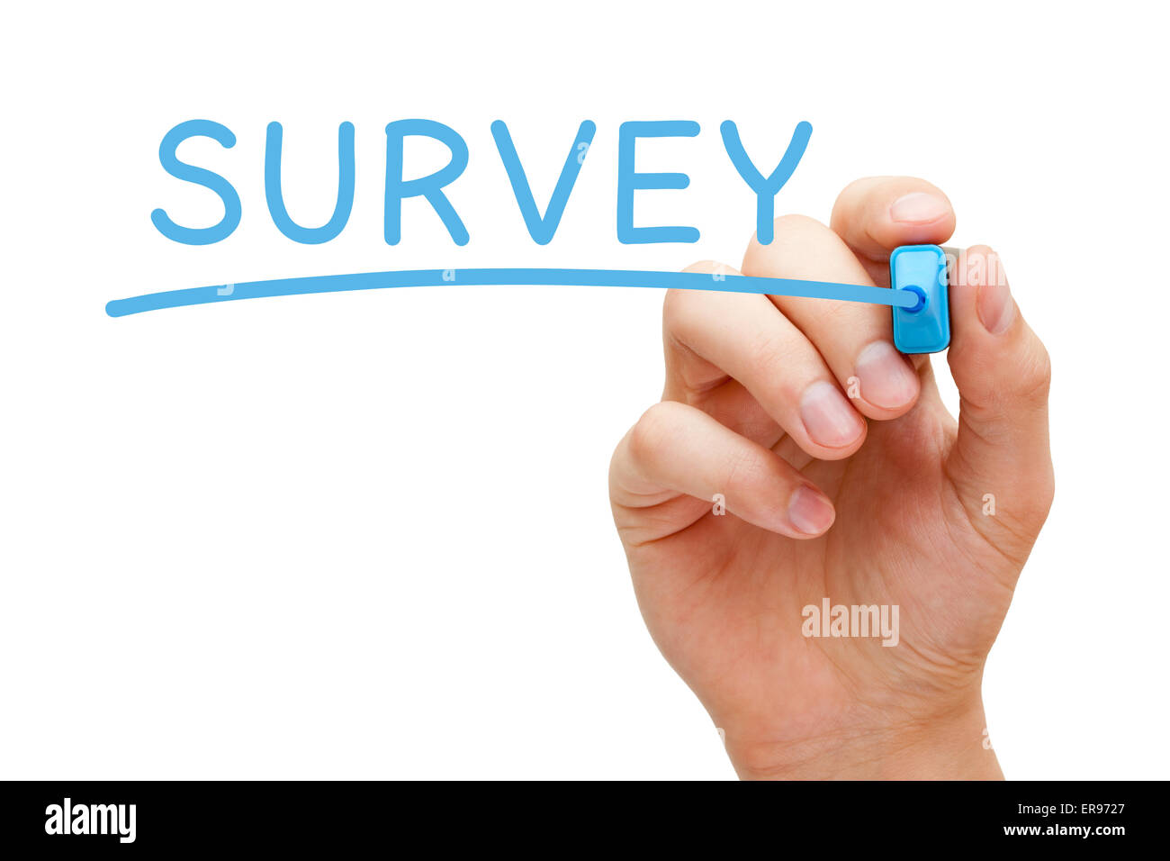 Hand writing Survey with blue marker on transparent wipe board. Stock Photo