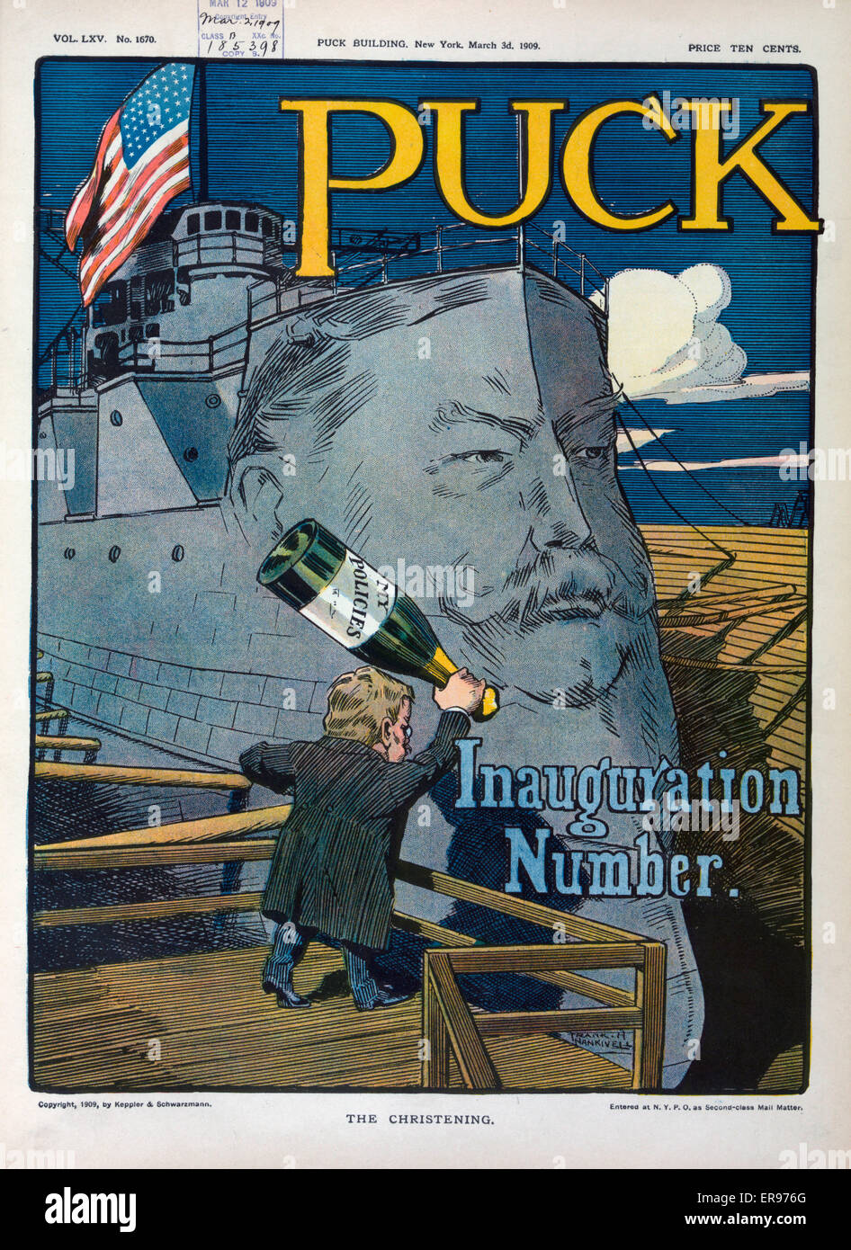 The christening. Illustration shows Theodore Roosevelt holding a large