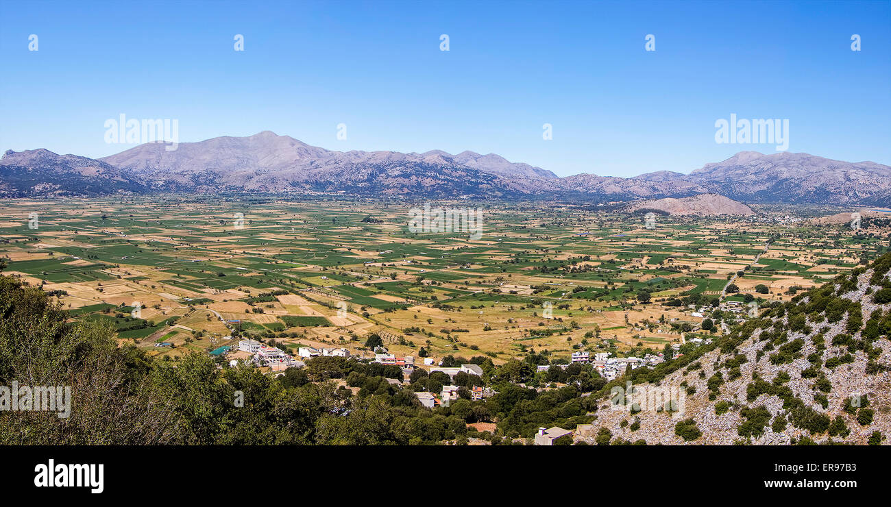 Panorama of Crete Plateau Lasithi, area of typical Mediterranean rural agriculture. Stock Photo