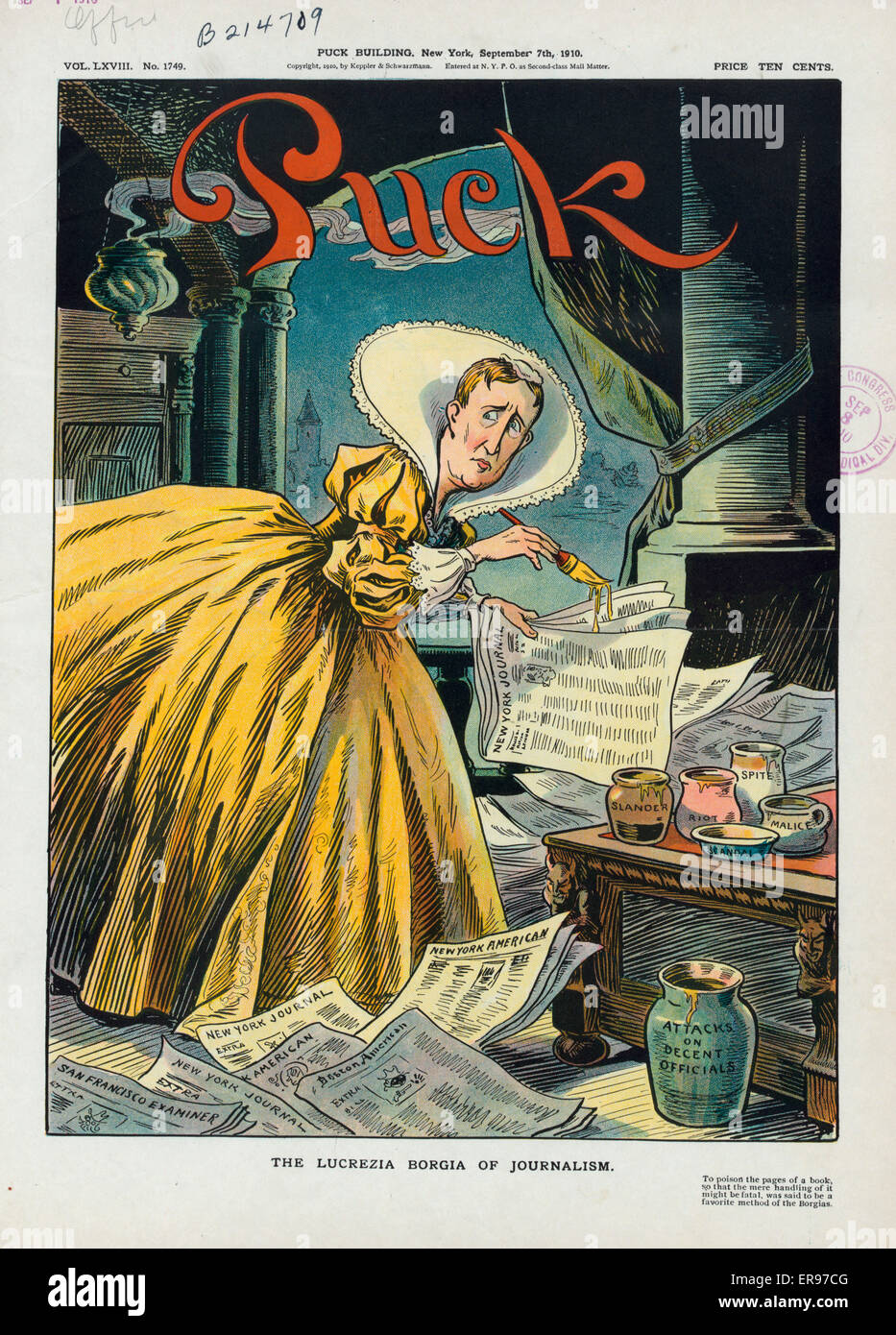 The Lucrezia Borgia of journalism. Illustration shows William Randolph Hearst, wearing a bright yellow dress, as Lucrezia Borgia painting poison from pots labeled Slander, Riot, Scandal, Malice, and Spite on various newspapers labeled San Francisco Examin Stock Photo