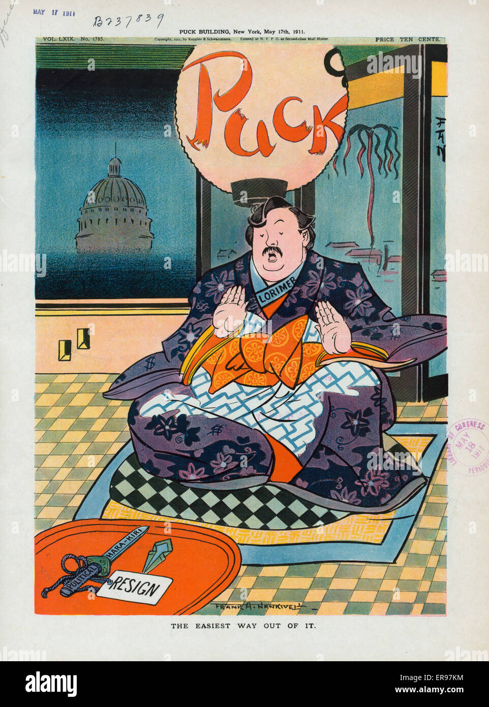 The easiest way out of it. Illustration shows Senator William Lorimer, seated, wearing a kimono, with both hands raised, suggesting that he will not consider Political Hara-Kiri and will not Resign as ways to resolve his political crisis. Date 1911 May 17 Stock Photo
