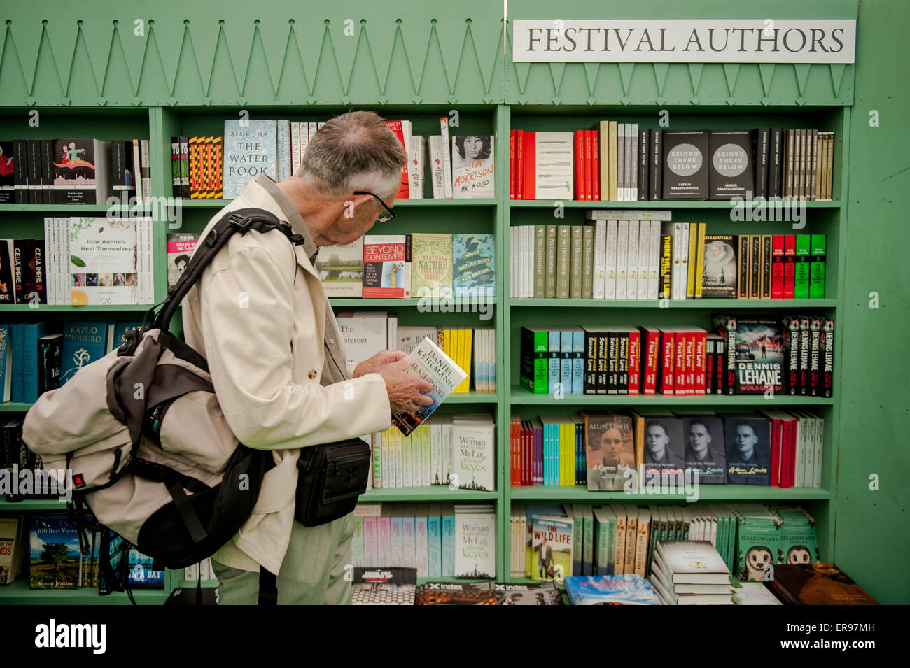 Hay on Wye, UK. Thursday 28 May 2015  Pictured: A man broses books in the bookshop at Hay Re: The 2015 Hay Festival takes place in Hay on Wye, Powys, Wales Stock Photo