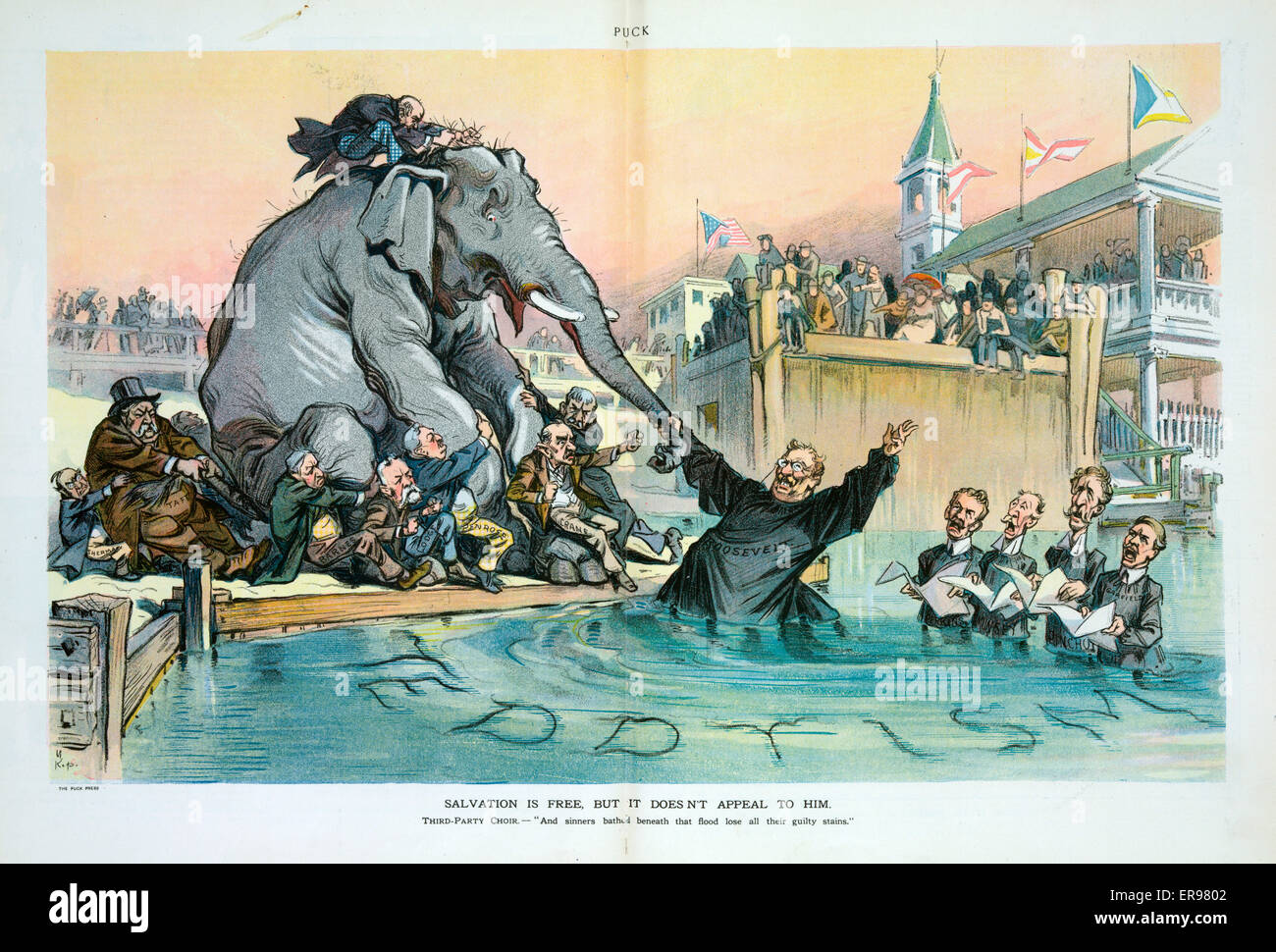 Salvation is free, but it doesn't appeal to him. Illustration shows Theodore Roosevelt, looking somewhat devilish, as a minister standing in a pool labeled Teddyism, attempting to pull the Republican elephant in for an immersion baptism; there is a small Stock Photo