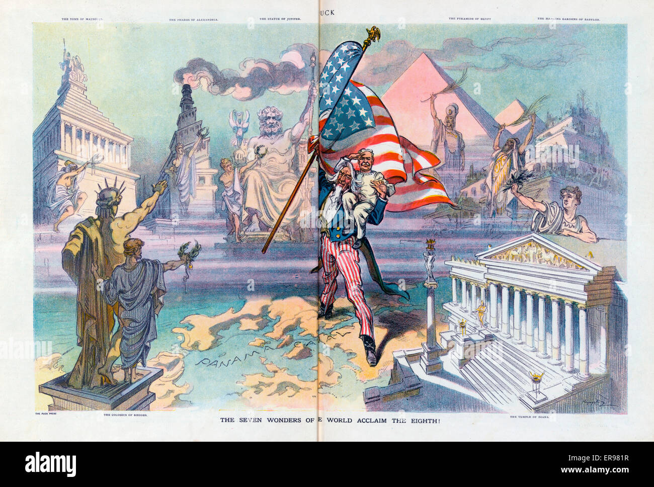 The seven wonders of the world acclaim the eighth!. Illustration shows Uncle Sam holding the American flag raised in his right hand and with George W. Goethals sitting on his left shoulder, standing astride the Panama Canal, which he is presenting as the Stock Photo