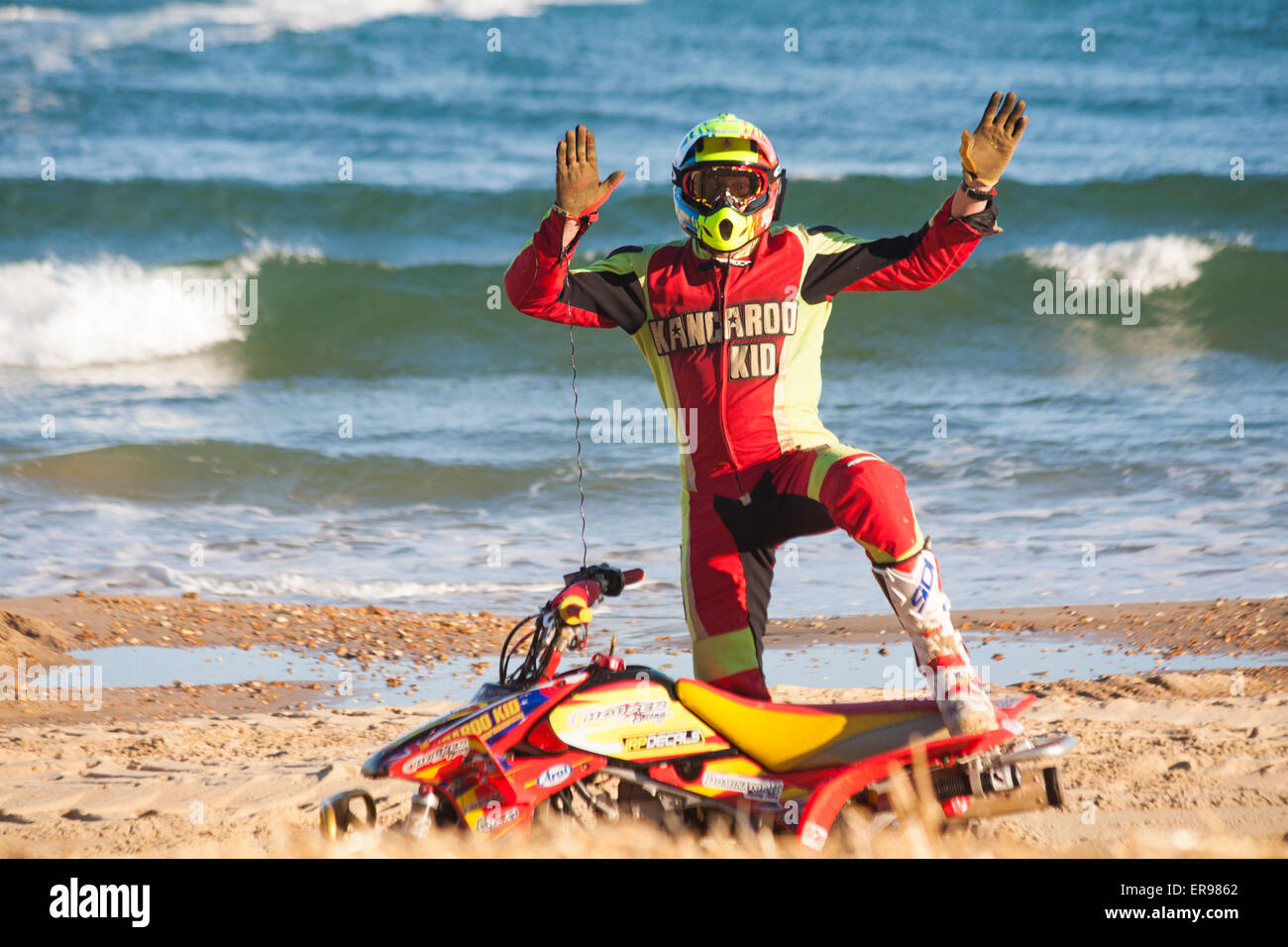 Bournemouth, UK 29 May 2015. The Australian stunt driver Kangaroo Kid (Matt Coulter), who makes his debut at the Bournemouth Wheels Festival, gets ready to jump over the Grim Reaper Monster Truck on his quad bike for the finale of the first day Credit:  Carolyn Jenkins/Alamy Live News Stock Photo