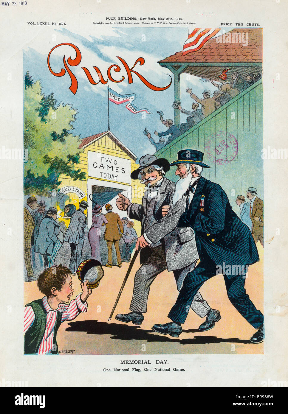 Memorial day. Illustration shows two older men, a former Confederate soldier and a former Union soldier, walking arm in arm to purchase tickets for a double-header baseball game; a young boy in the foreground tips his hat, and in the background, a line is Stock Photo