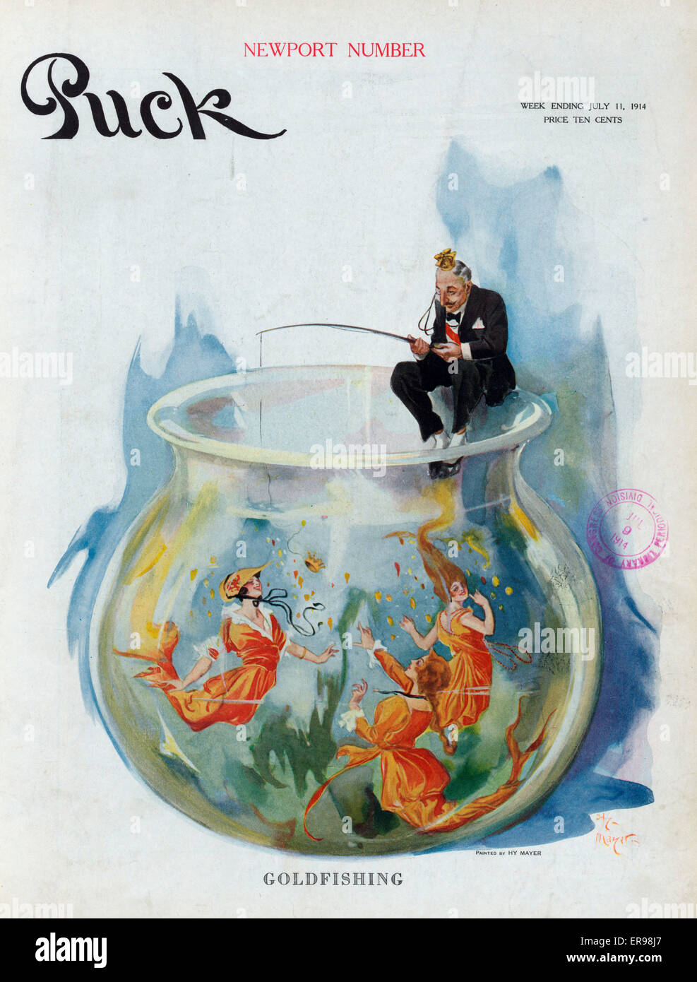 Goldfishing. Illustration shows a well dressed man with a crown on his head, sitting on the edge of a fishbowl dangling a crown from a fishing pole among three beautiful young woman as goldfish. Date 1914 July 11. Stock Photo