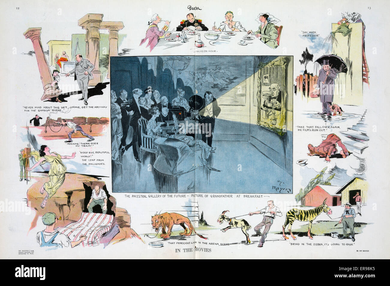 In the movies. Illustration shows a vignette cartoon depicting scenes from the making of movies; at center is The ancestral gallery of the future - picture of grandfather at breakfast showing a group of upper class people with a movie projector illuminati Stock Photo