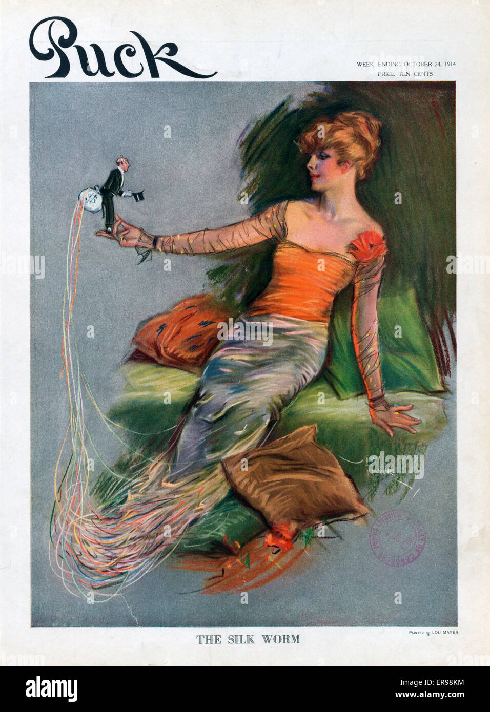 The silk worm. Illustration shows a beautiful young woman reclining on cushions and holding on the tips of her fingers a diminutive man, well-dressed and holding a large moneybag from which many silk strings extend to and form the bottom of her dress. It Stock Photo