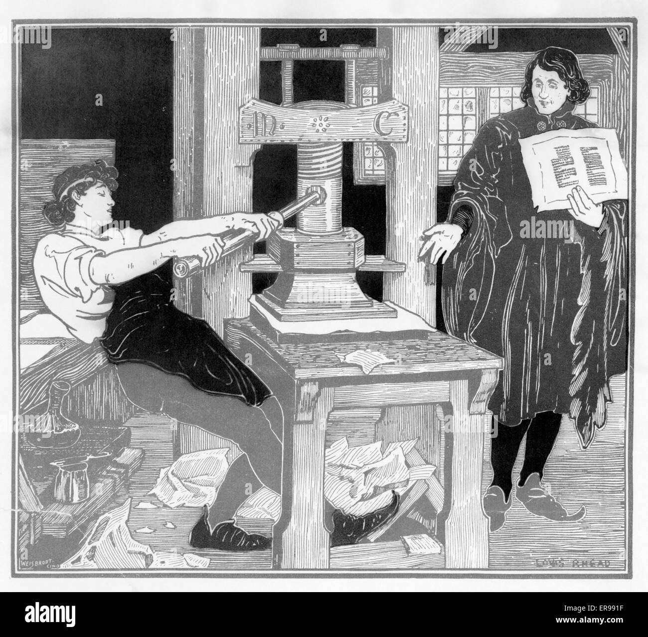 William Caxton made his own ink, but you can have yours made by The Ault &amp; Wiborg Co., Cincinnati. Poster showing two men with printing press. Date 1896. Detail. William Caxton made his own ink, but you can have yours made by The Ault &amp; Wiborg Co. Stock Photo