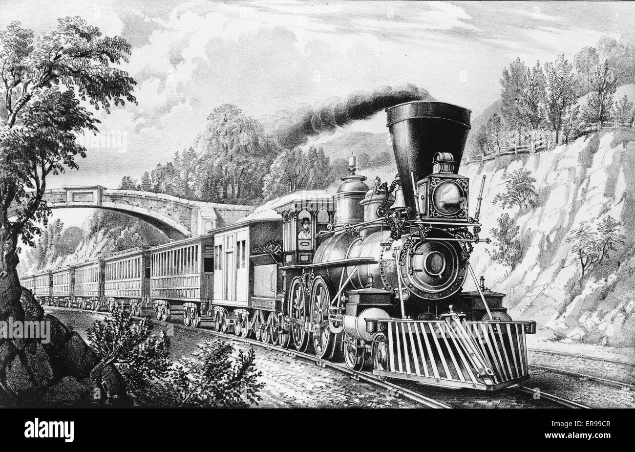 The express train. Train passing under bridge. c. 1870 Stock Photo