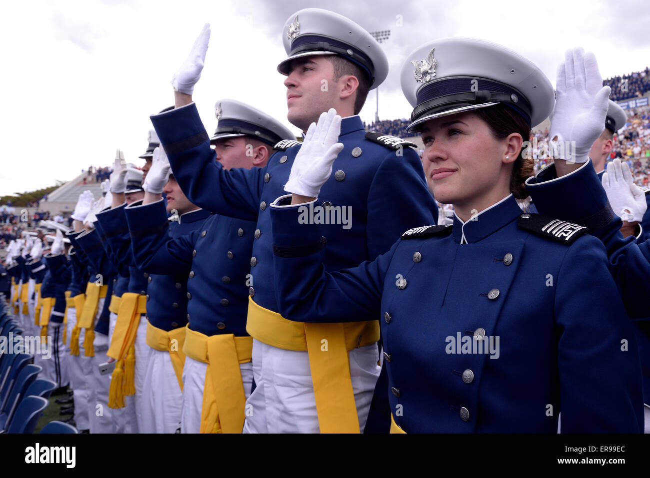 Cadets at the U.S. Air Force Academy Class of 2015 take the Oath of Office during commencement May 28, 2015 in Colorado Springs, Colorado. Stock Photo