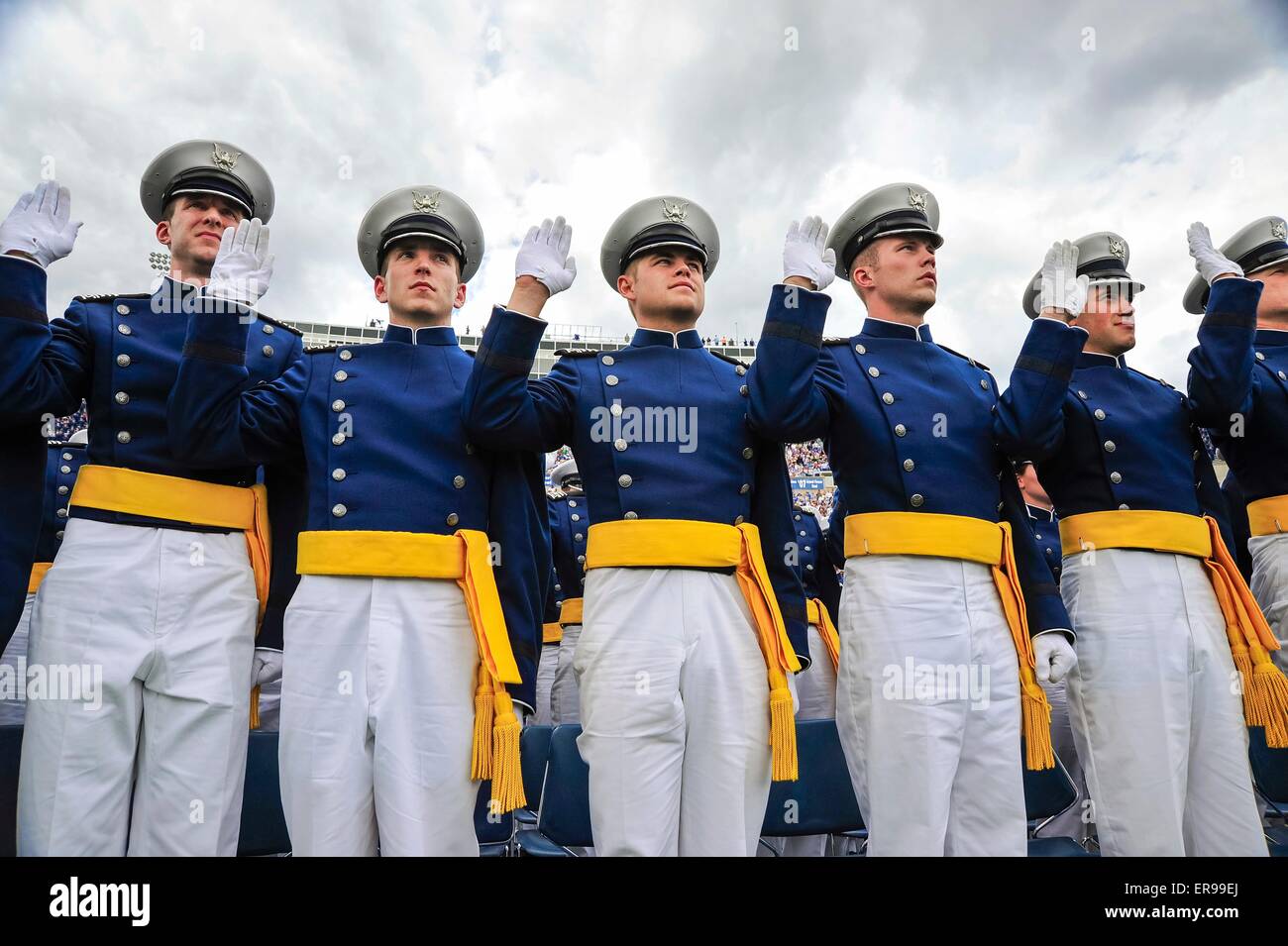 Cadets at the U.S. Air Force Academy Class of 2015 take the Oath of Office during commencement May 28, 2015 in Colorado Springs, Colorado. Stock Photo