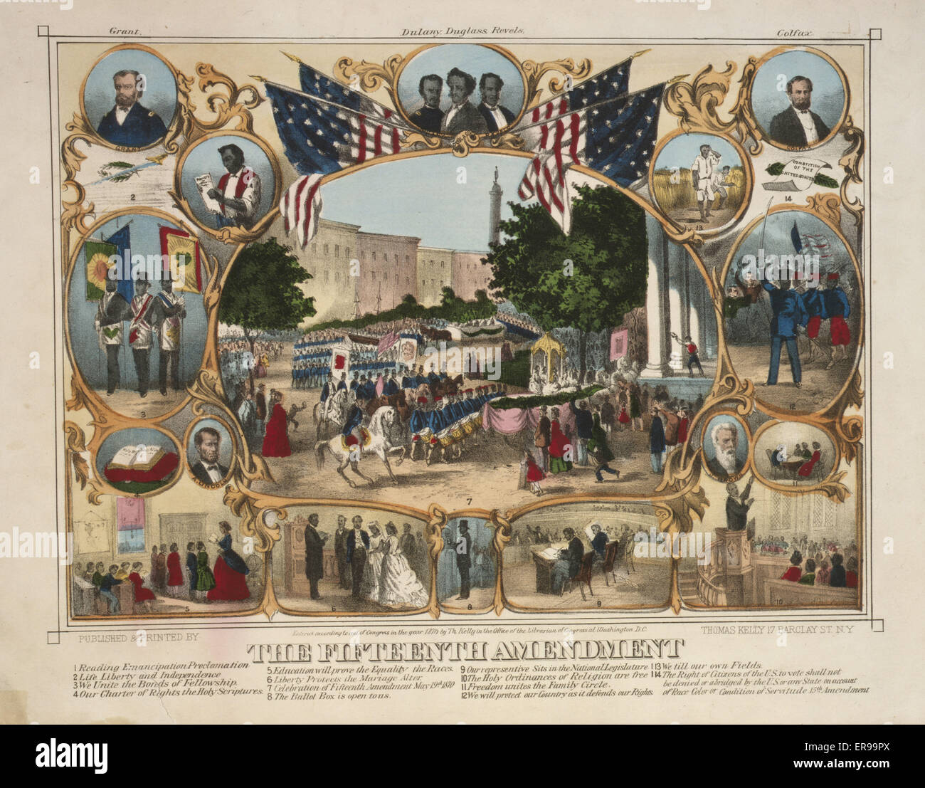 The Fifteenth amendment. Parade surrounded by portraits and vignettes of Black life, illustrating rights granted by the 15th amendment. Date c1870. Stock Photo