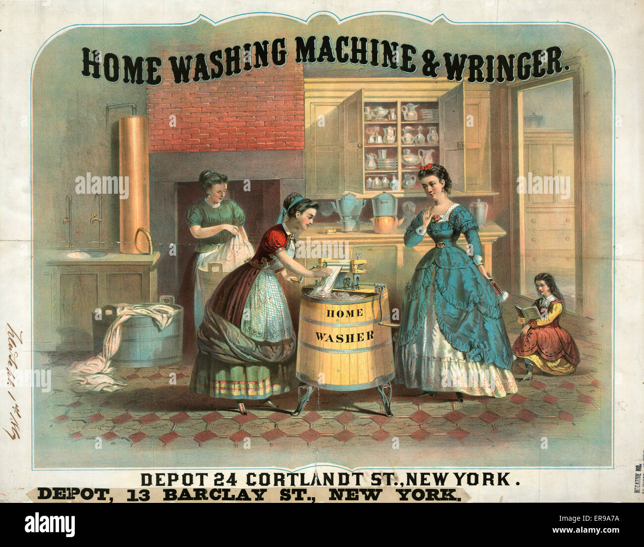 Home washing machine &amp; wringer. Interior view of a kitchen showing woman using a washing machine as her employer watches. In background another woman washes clothes in a wash tub. Date 1869?. Home washing machine &amp; wringer. Interior view of a kitc Stock Photo