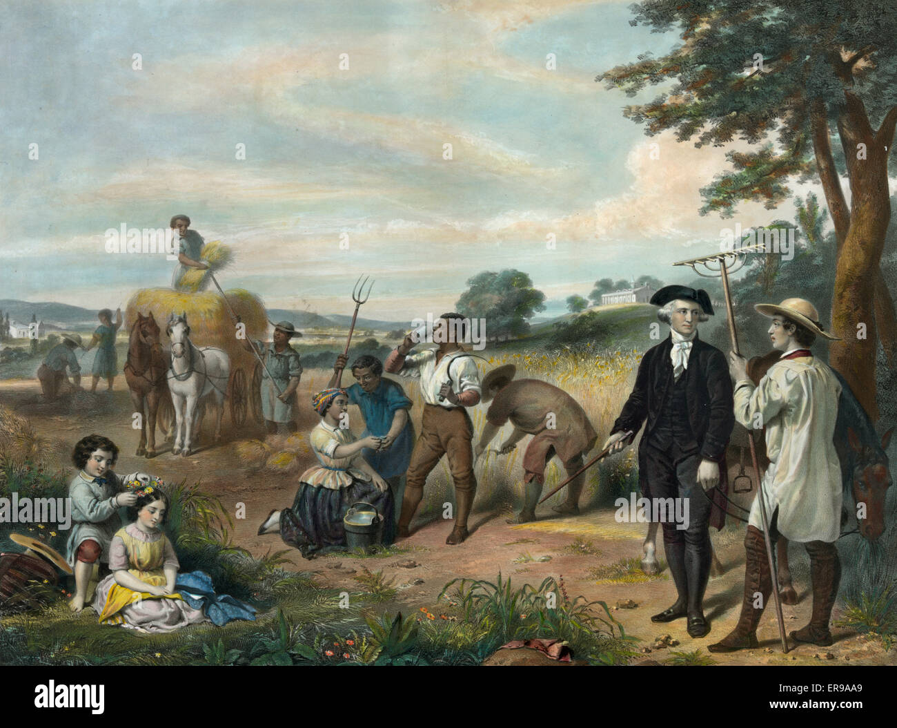 Life of George Washington--The farmer. Washington standing among African-American field workers harvesting grain, Mt. Vernon in background. Stock Photo