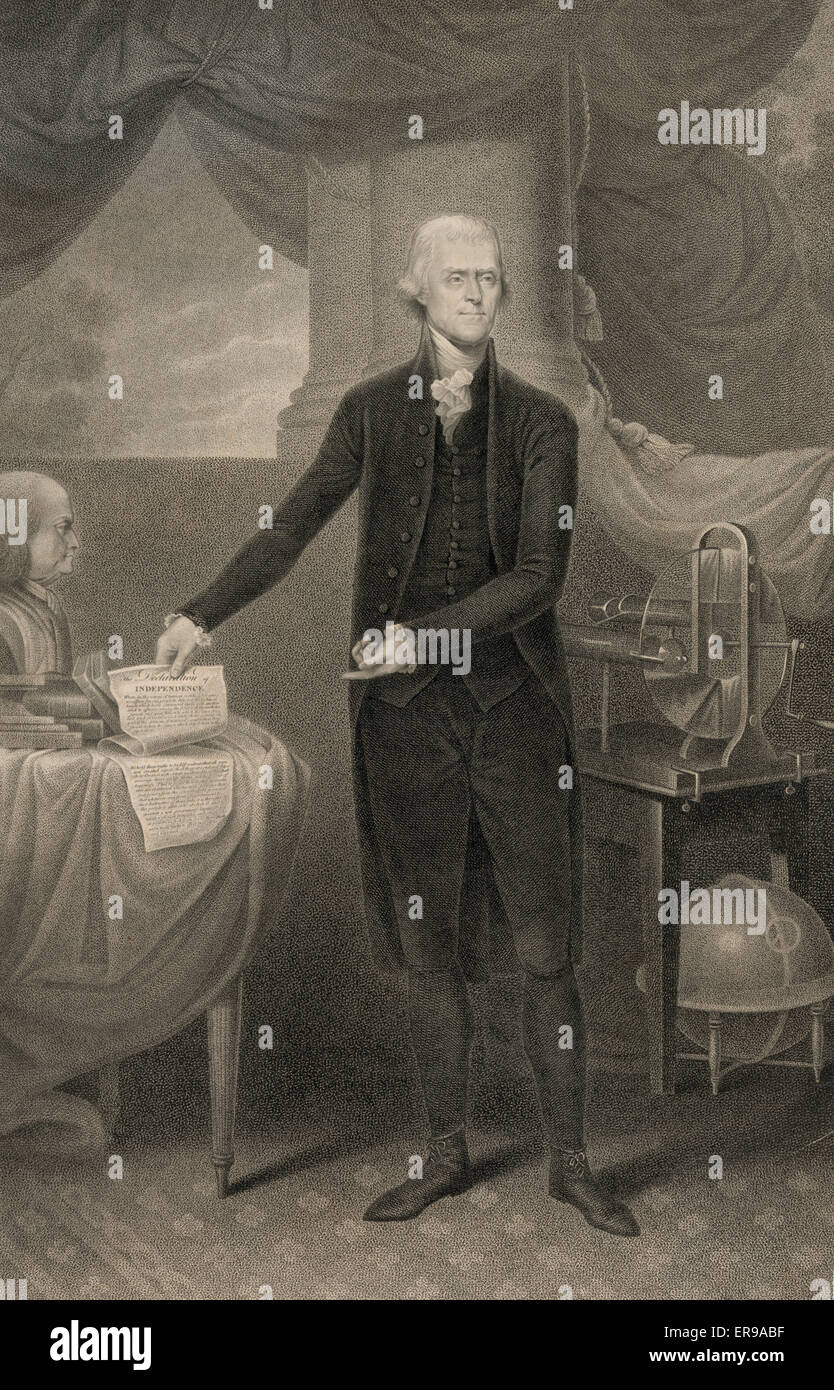 Thomas Jefferson, President of the United States. Thomas Jefferson, full-length portrait, standing beside table, facing slightly right, holding the Declaration of Independence and pointing to it. c. 1801 Stock Photo