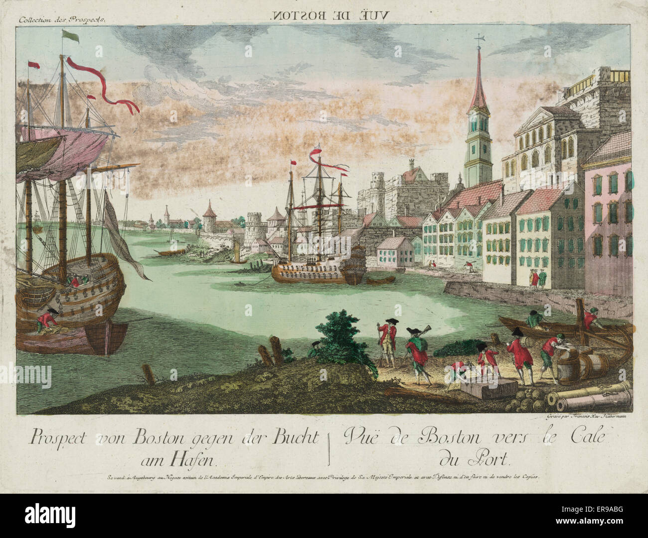 View of Boston. Print shows the harbor in Boston, Massachusetts, two ships at anchor, British soldiers and men working, merchandise on shore; an idealized view depicting Boston as a typical European city. c. 1770s Stock Photo