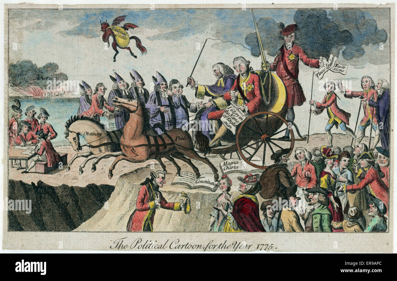 The political cartoon for the year 1775. Cartoon shows George III and Lord Mansfield, seated on an open chaise drawn by two horses labeled Obstinacy and ...