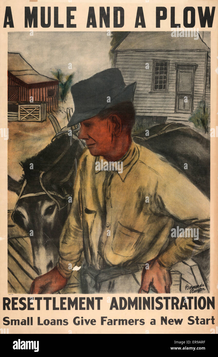 A mule and a plow - Resettlement Administration - Small loans give farmers a new start. Poster shows a man with a mule. Date between 1935 and 1937. Stock Photo